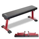 FIELDOOR 折りたたみフラットベンチ 【レッド】 ダンベルトレーニング 耐荷重260kg（※試験済み、安全率考慮） コンパクト収納 組み立て工具付