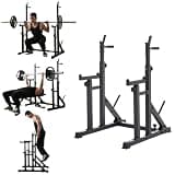 Bennbari バーベルスタンド ベンチプレスラック スクワットラック バーベルラック 高さ 幅調整可能 セーフティラック付き ホームジム用筋トレ 滑り止めパッド プレート収納付き 多機能 安定構造 耐荷重設計 省スペース CE認証取得済み 筋トレ 全身運動 家庭用 自宅用 (ブラック)